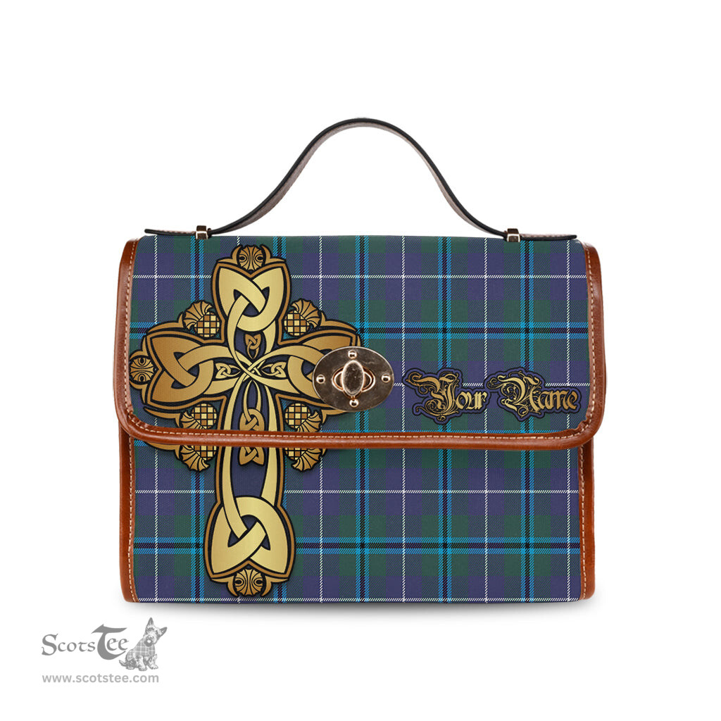 ScotsTee Shop Scottish Sandilands Clan Tartan Canvas Bag Golden Thistle and Celtic Cross Personalize Your Name Bag