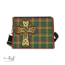 ScotsTee Shop Scottish MacMillan Old Ancient Clan Tartan Canvas Bag Golden Thistle and Celtic Cross Personalize Your Name Bag
