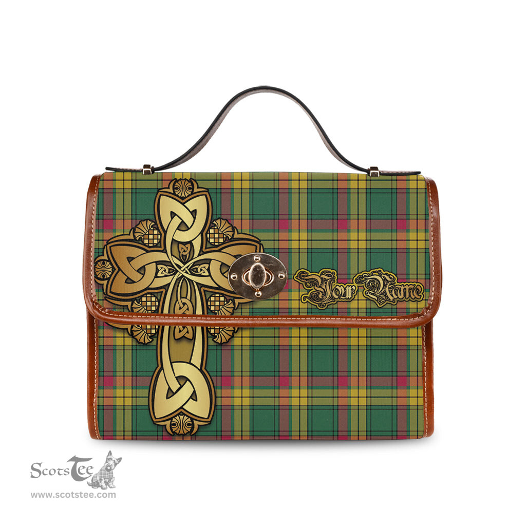 ScotsTee Shop Scottish MacMillan Old Ancient Clan Tartan Canvas Bag Golden Thistle and Celtic Cross Personalize Your Name Bag