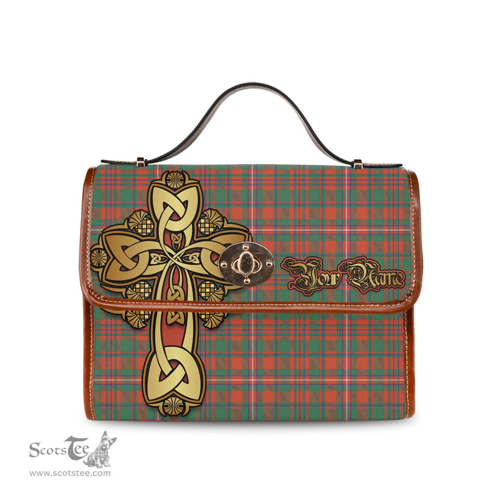 ScotsTee Shop Scottish MacKinnon Ancient Clan Tartan Canvas Bag Golden Thistle and Celtic Cross Personalize Your Name Bag