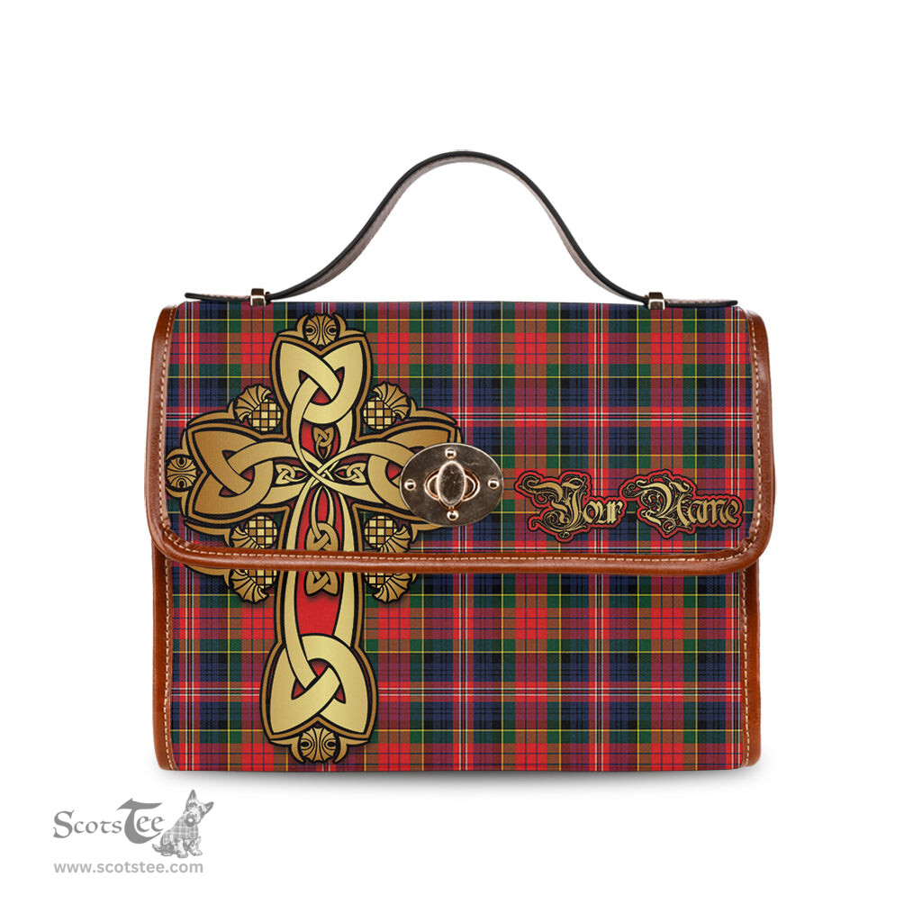 ScotsTee Shop Scottish MacPherson Modern Clan Tartan Canvas Bag Golden Thistle and Celtic Cross Personalize Your Name Bag