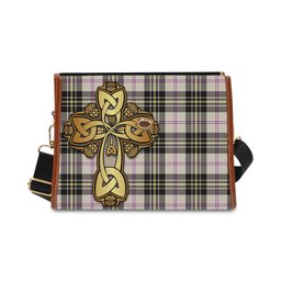 ScotsTee Shop Scottish MacPherson Dress Ancient Clan Tartan Canvas Bag Golden Thistle and Celtic Cross Personalize Your Name Bag