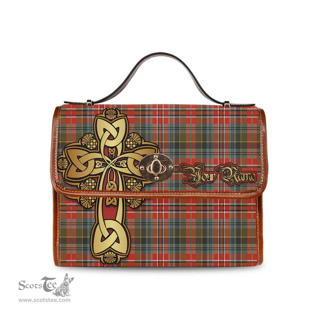 ScotsTee Shop Scottish MacPherson Weathered Clan Tartan Canvas Bag Golden Thistle and Celtic Cross Personalize Your Name Bag