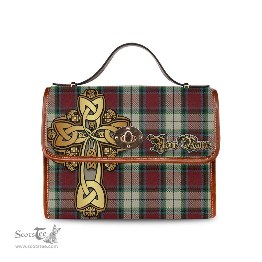 ScotsTee Shop Scottish Rose White Dress Clan Tartan Canvas Bag Golden Thistle and Celtic Cross Personalize Your Name Bag