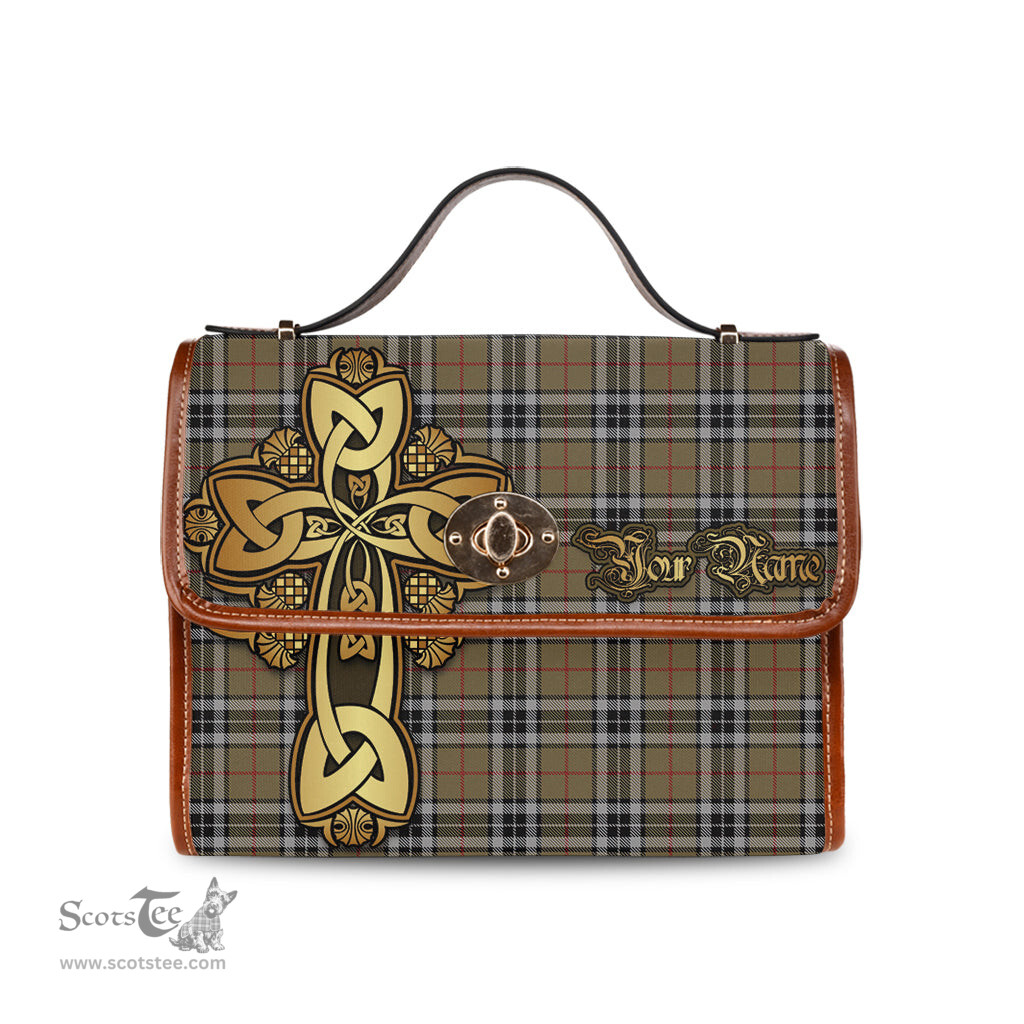 ScotsTee Shop Scottish Thomson Camel Clan Tartan Canvas Bag Golden Thistle and Celtic Cross Personalize Your Name Bag