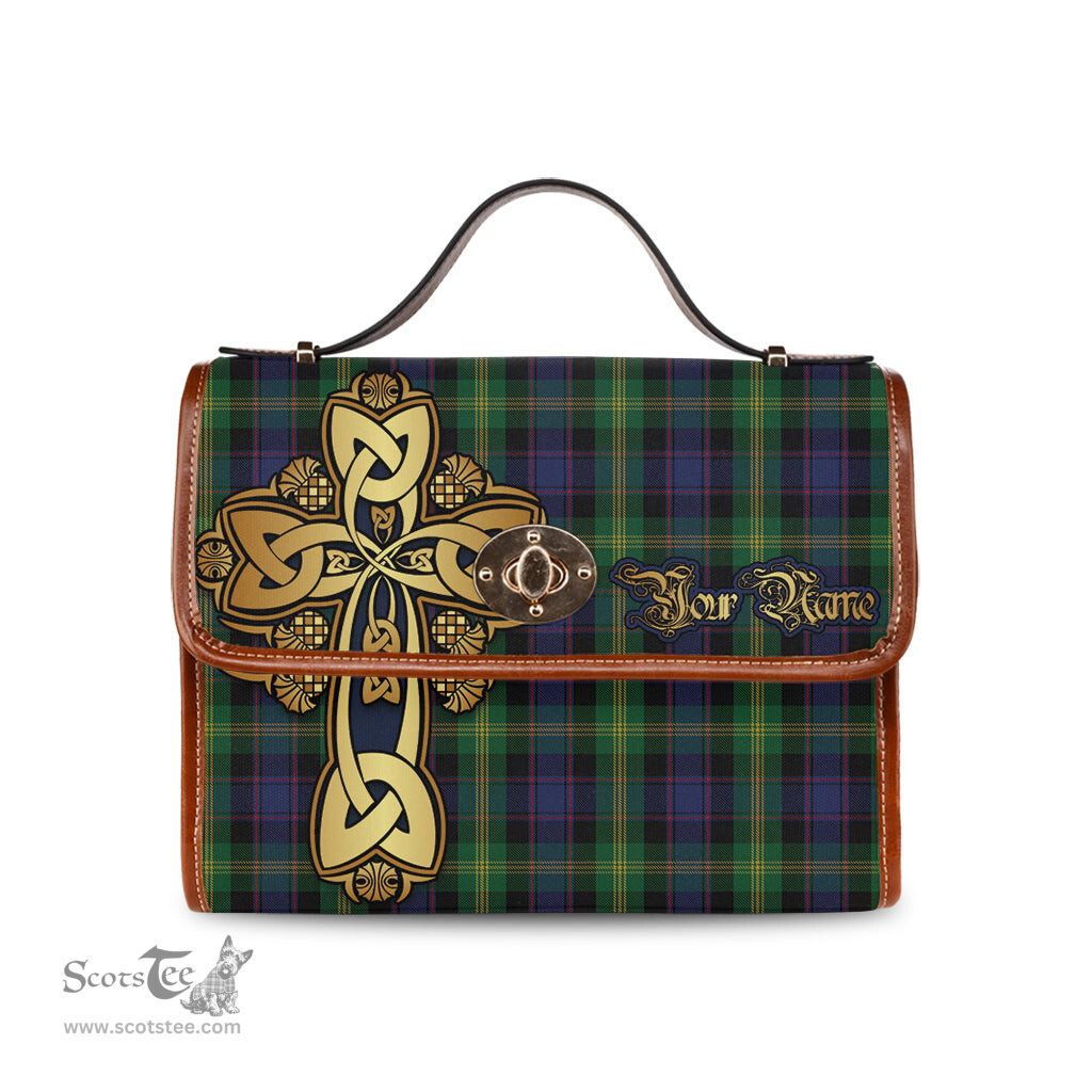 ScotsTee Shop Scottish Watson Clan Tartan Canvas Bag Golden Thistle and Celtic Cross Personalize Your Name Bag