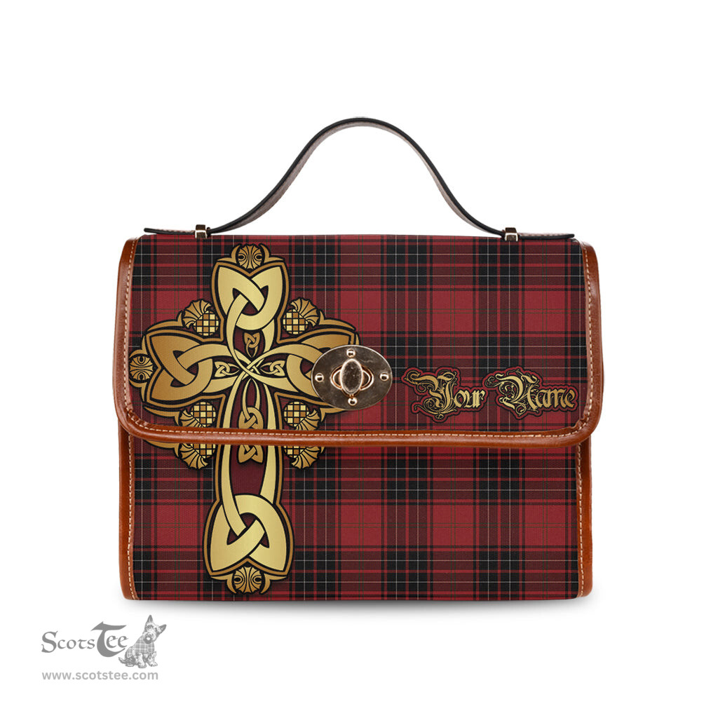 ScotsTee Shop Scottish Wemyss Clan Tartan Canvas Bag Golden Thistle and Celtic Cross Personalize Your Name Bag