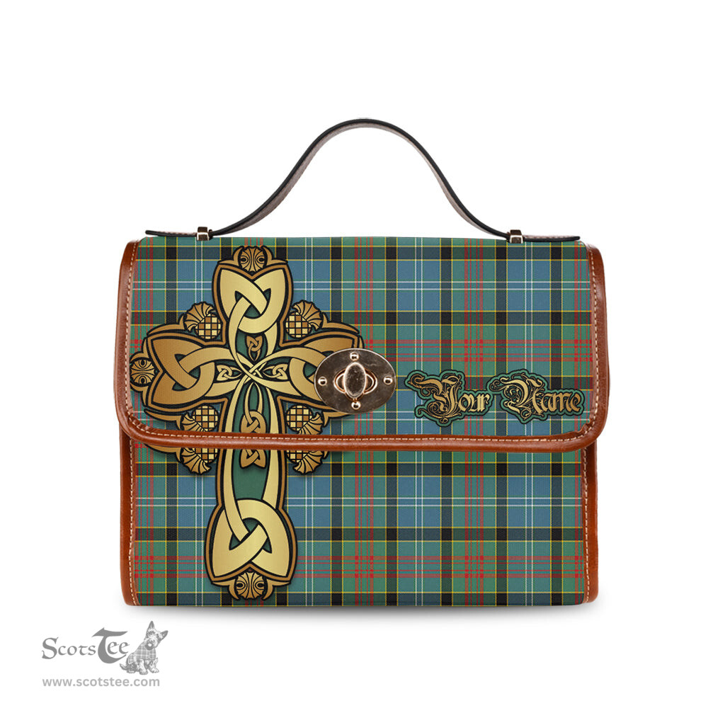 ScotsTee Shop Scottish Walkinshaw Clan Tartan Canvas Bag Golden Thistle and Celtic Cross Personalize Your Name Bag
