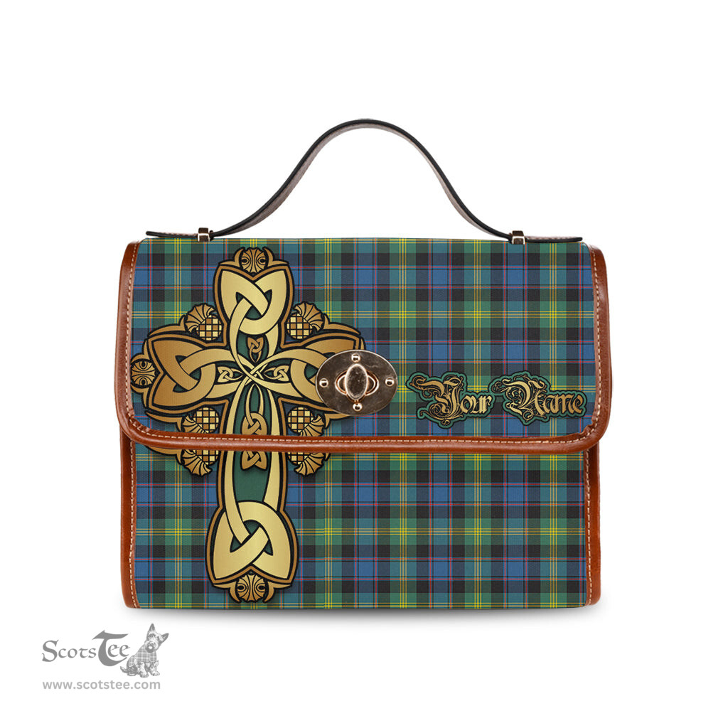ScotsTee Shop Scottish Watson Ancient Clan Tartan Canvas Bag Golden Thistle and Celtic Cross Personalize Your Name Bag
