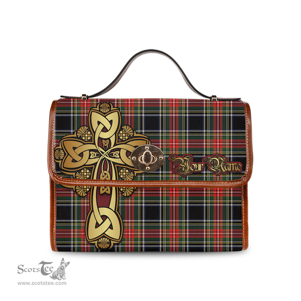 ScotsTee Shop Scottish Stewart Black Clan Tartan Canvas Bag Golden Thistle and Celtic Cross Personalize Your Name Bag