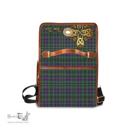 ScotsTee Shop Scottish Wood Modern Clan Tartan Canvas Bag Golden Thistle and Celtic Cross Personalize Your Name Bag
