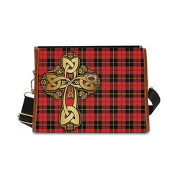 ScotsTee Shop Scottish Wallace Hunting Red Clan Tartan Canvas Bag Golden Thistle and Celtic Cross Personalize Your Name Bag