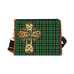 ScotsTee Shop Scottish Wallace Hunting Green Clan Tartan Canvas Bag Golden Thistle and Celtic Cross Personalize Your Name Bag
