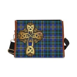 ScotsTee Shop Scottish Weir Modern Clan Tartan Canvas Bag Golden Thistle and Celtic Cross Personalize Your Name Bag