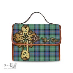 ScotsTee Shop Scottish Sutherland Ancient Clan Tartan Canvas Bag Golden Thistle and Celtic Cross Personalize Your Name Bag