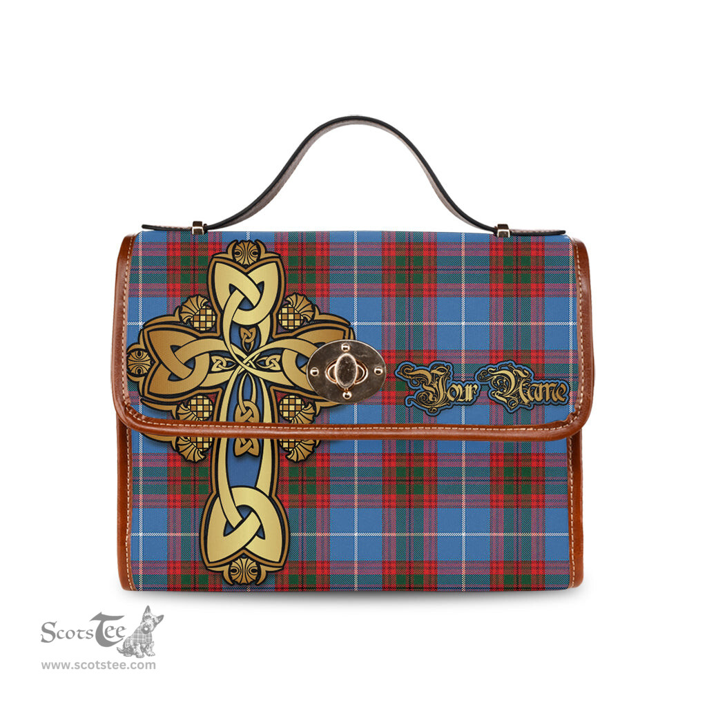 ScotsTee Shop Scottish Spalding Clan Tartan Canvas Bag Golden Thistle and Celtic Cross Personalize Your Name Bag