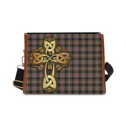ScotsTee Shop Scottish Sutherland Weathered Clan Tartan Canvas Bag Golden Thistle and Celtic Cross Personalize Your Name Bag
