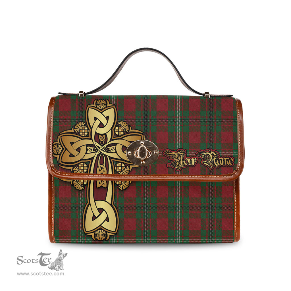 ScotsTee Shop Scottish Strange Clan Tartan Canvas Bag Golden Thistle and Celtic Cross Personalize Your Name Bag
