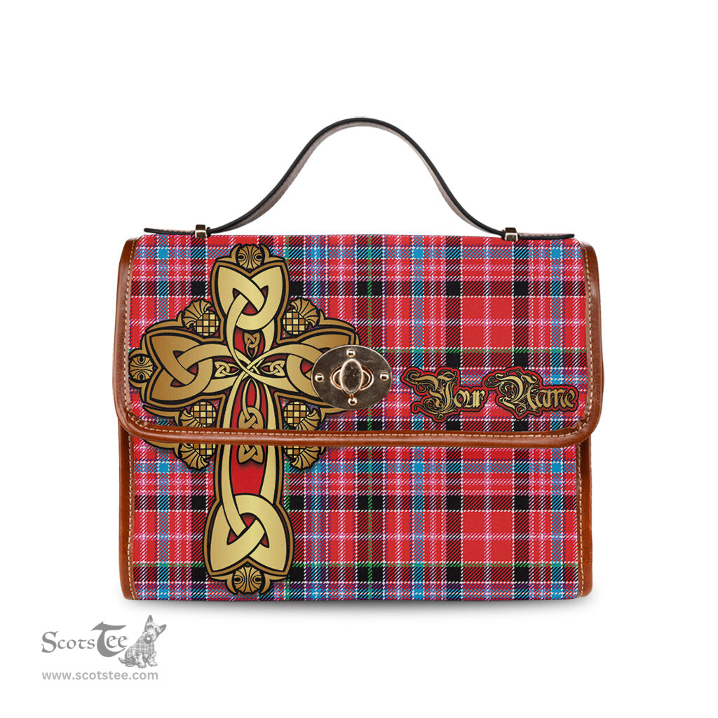 ScotsTee Shop Scottish Straiton Clan Tartan Canvas Bag Golden Thistle and Celtic Cross Personalize Your Name Bag