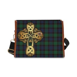 ScotsTee Shop Scottish Stewart Old Clan Tartan Canvas Bag Golden Thistle and Celtic Cross Personalize Your Name Bag