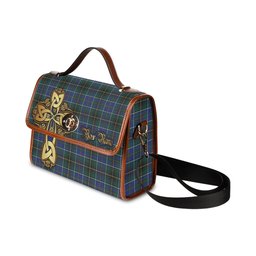 ScotsTee Shop Scottish MacInnes Modern Clan Tartan Canvas Bag Golden Thistle and Celtic Cross Personalize Your Name Bag