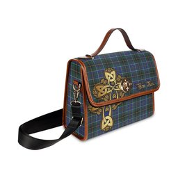 ScotsTee Shop Scottish MacInnes Modern Clan Tartan Canvas Bag Golden Thistle and Celtic Cross Personalize Your Name Bag