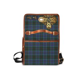 ScotsTee Shop Scottish MacInnes Modern Clan Tartan Canvas Bag Golden Thistle and Celtic Cross Personalize Your Name Bag