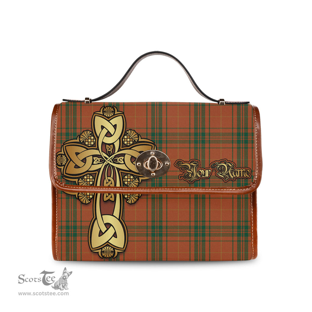 ScotsTee Shop Scottish Wolfe Clan Tartan Canvas Bag Golden Thistle and Celtic Cross Personalize Your Name Bag