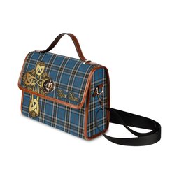 ScotsTee Shop Scottish Thomson Dress Blue Clan Tartan Canvas Bag Golden Thistle and Celtic Cross Personalize Your Name Bag