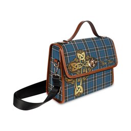 ScotsTee Shop Scottish Thomson Dress Blue Clan Tartan Canvas Bag Golden Thistle and Celtic Cross Personalize Your Name Bag