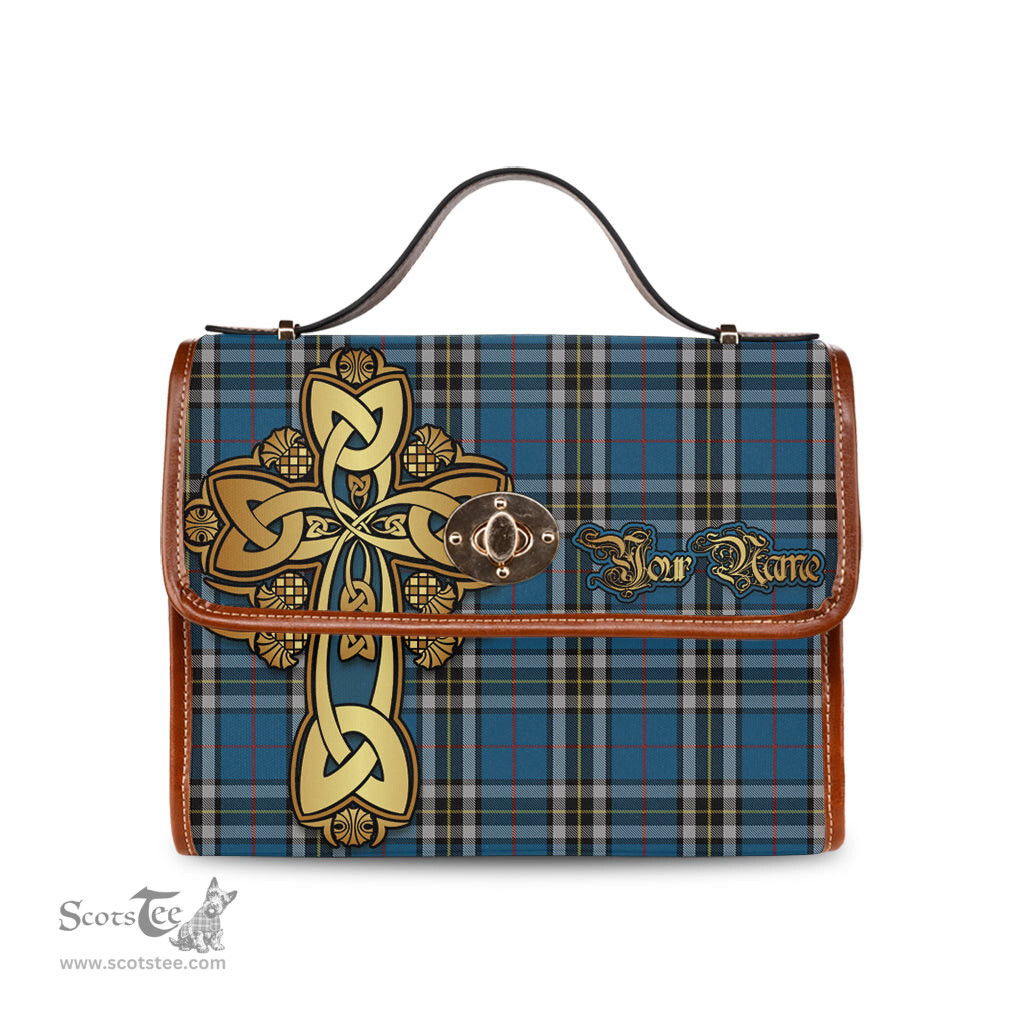 ScotsTee Shop Scottish Thomson Dress Blue Clan Tartan Canvas Bag Golden Thistle and Celtic Cross Personalize Your Name Bag