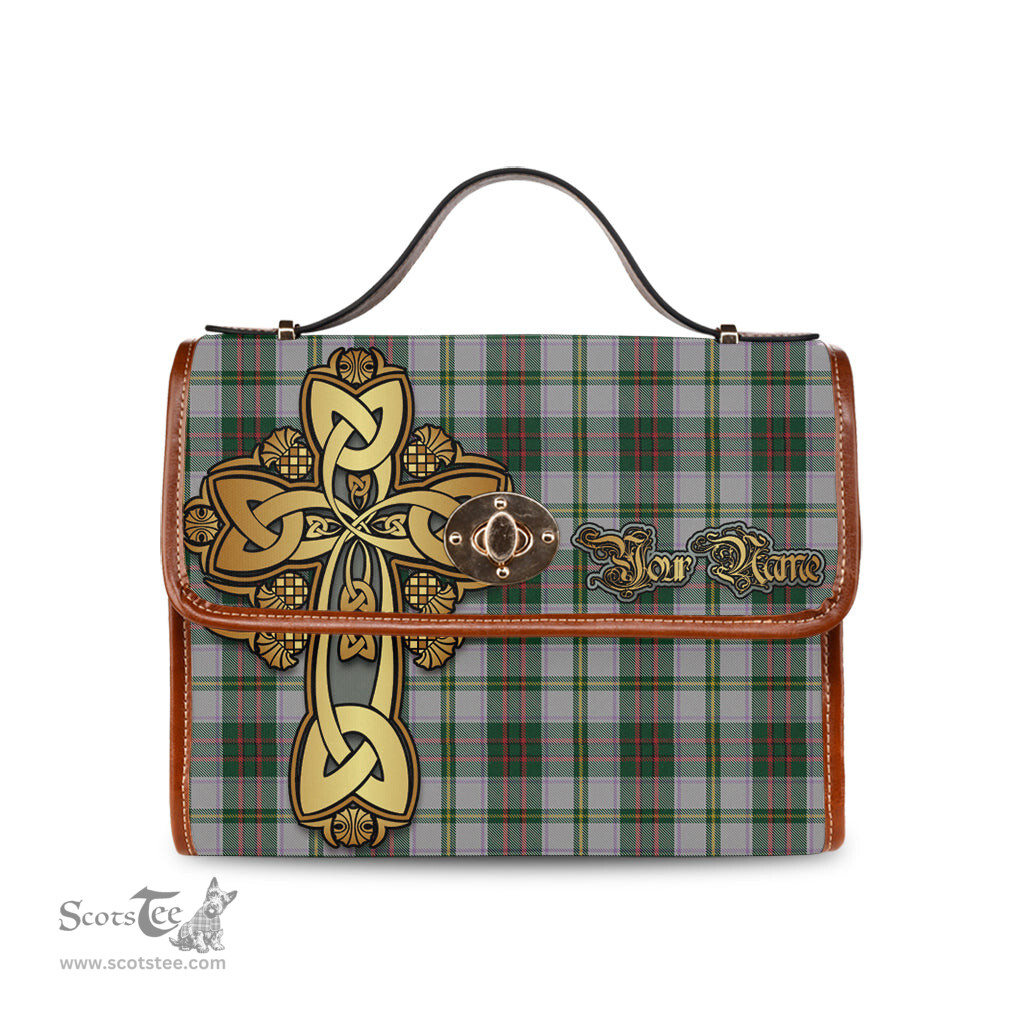 ScotsTee Shop Scottish Taylor Dress Clan Tartan Canvas Bag Golden Thistle and Celtic Cross Personalize Your Name Bag