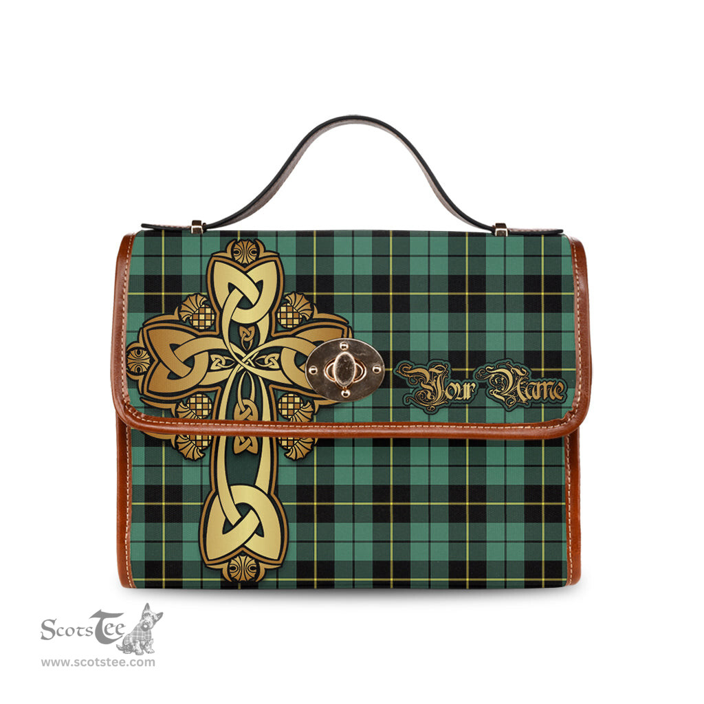 ScotsTee Shop Scottish Wallace Hunting Ancient Clan Tartan Canvas Bag Golden Thistle and Celtic Cross Personalize Your Name Bag