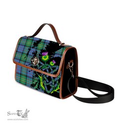 ScotsTee Shop Scottish Bowie Ancient Clan Tartan Canvas Bag Celtic Knot and Thistle with Scotland Map Bag