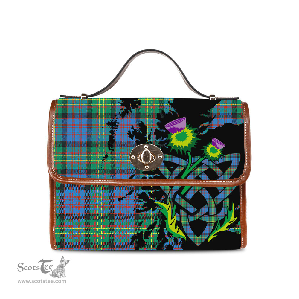 ScotsTee Shop Scottish Bowie Ancient Clan Tartan Canvas Bag Celtic Knot and Thistle with Scotland Map Bag