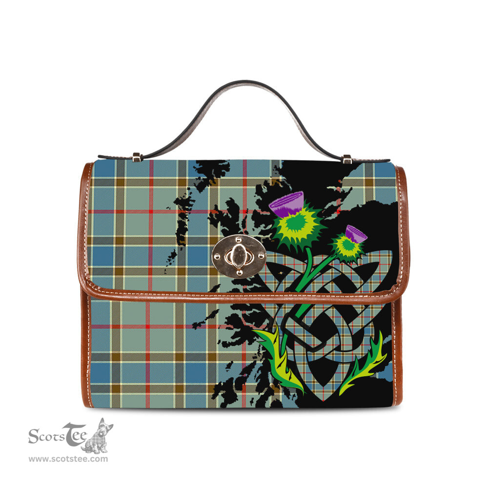 ScotsTee Shop Scottish Balfour Blue Clan Tartan Canvas Bag Celtic Knot and Thistle with Scotland Map Bag