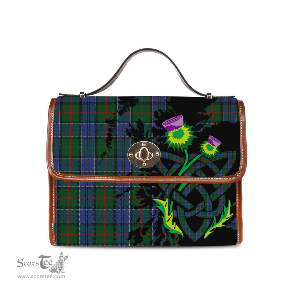 ScotsTee Shop Scottish Colquhoun Clan Tartan Canvas Bag Celtic Knot and Thistle with Scotland Map Bag