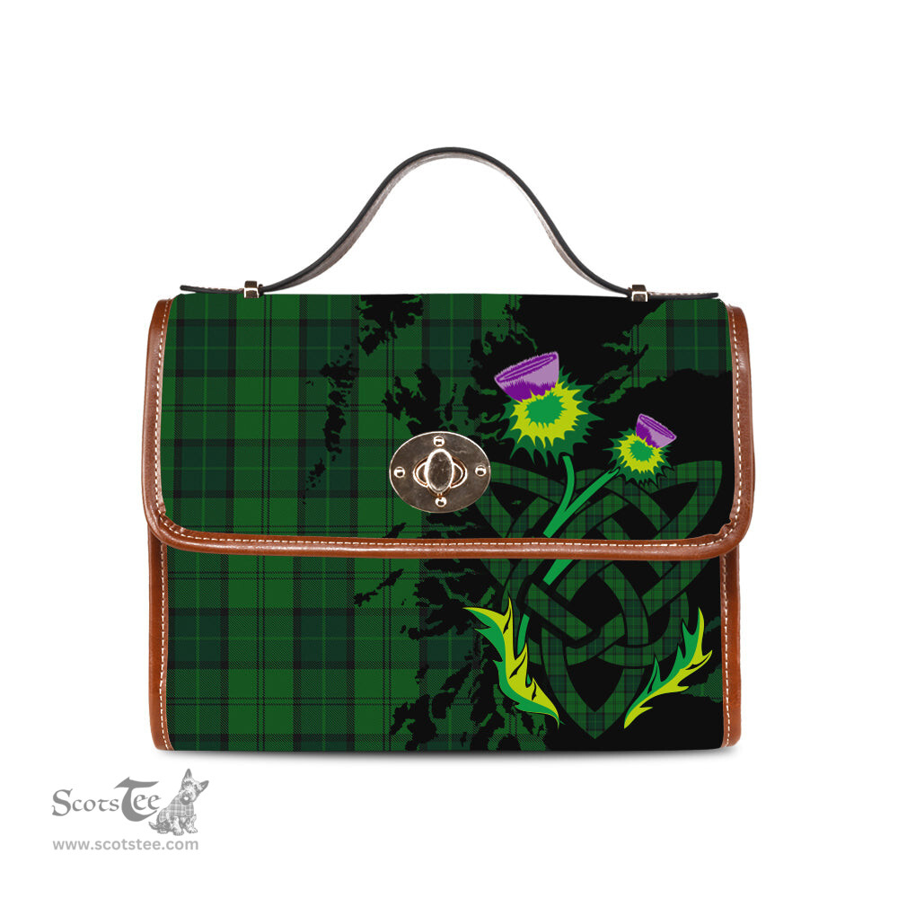 ScotsTee Shop Scottish Dunbar Hunting Clan Tartan Canvas Bag Celtic Knot and Thistle with Scotland Map Bag