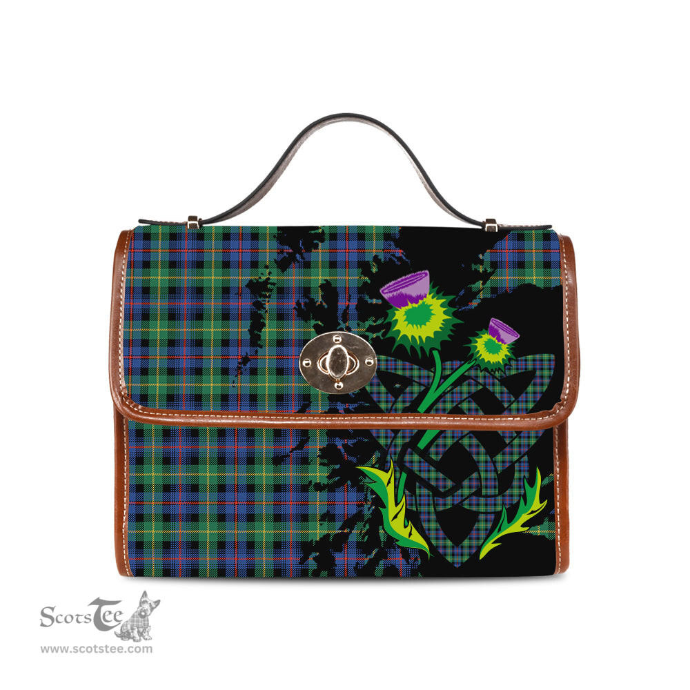 ScotsTee Shop Scottish Farquharson Ancient Clan Tartan Canvas Bag Celtic Knot and Thistle with Scotland Map Bag