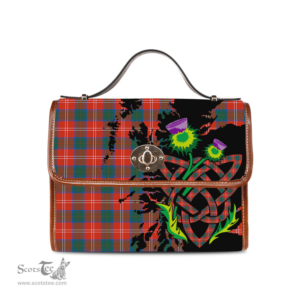 ScotsTee Shop Scottish Chisholm Ancient Clan Tartan Canvas Bag Celtic Knot and Thistle with Scotland Map Bag