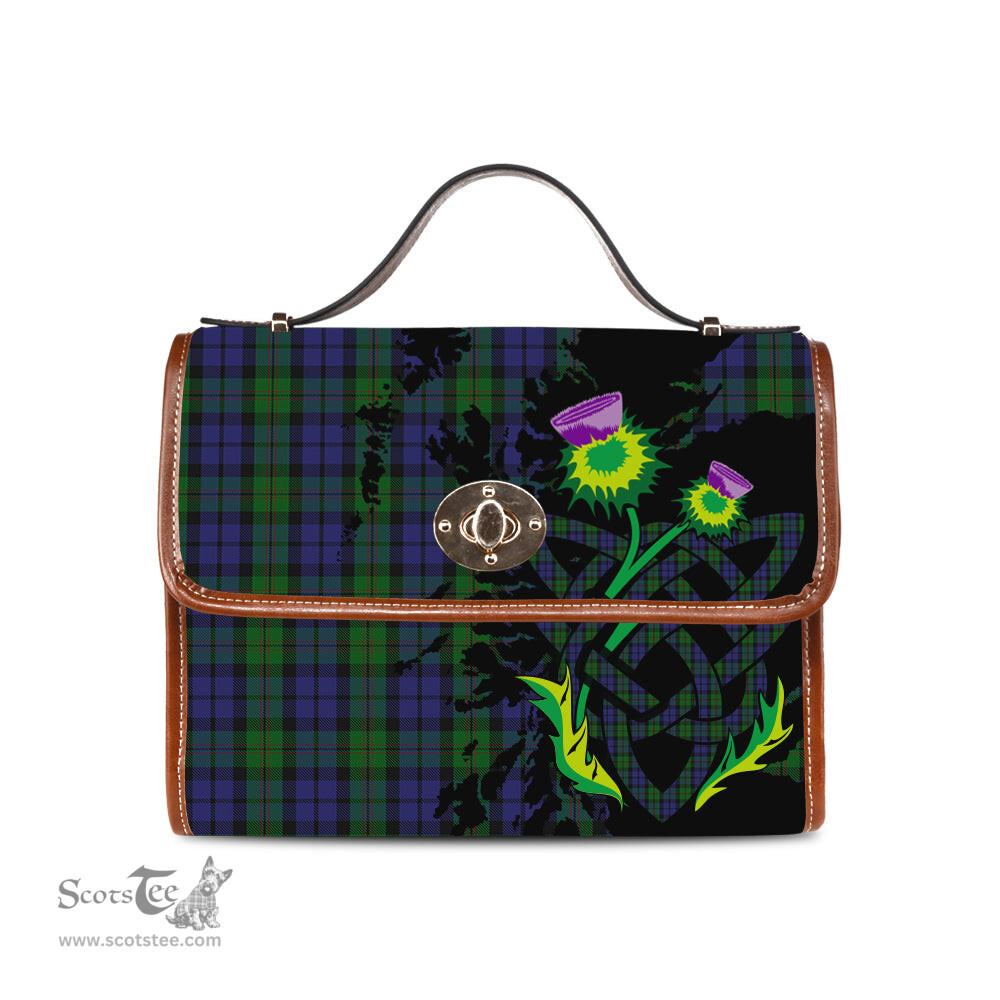 ScotsTee Shop Scottish Dundas Clan Tartan Canvas Bag Celtic Knot and Thistle with Scotland Map Bag