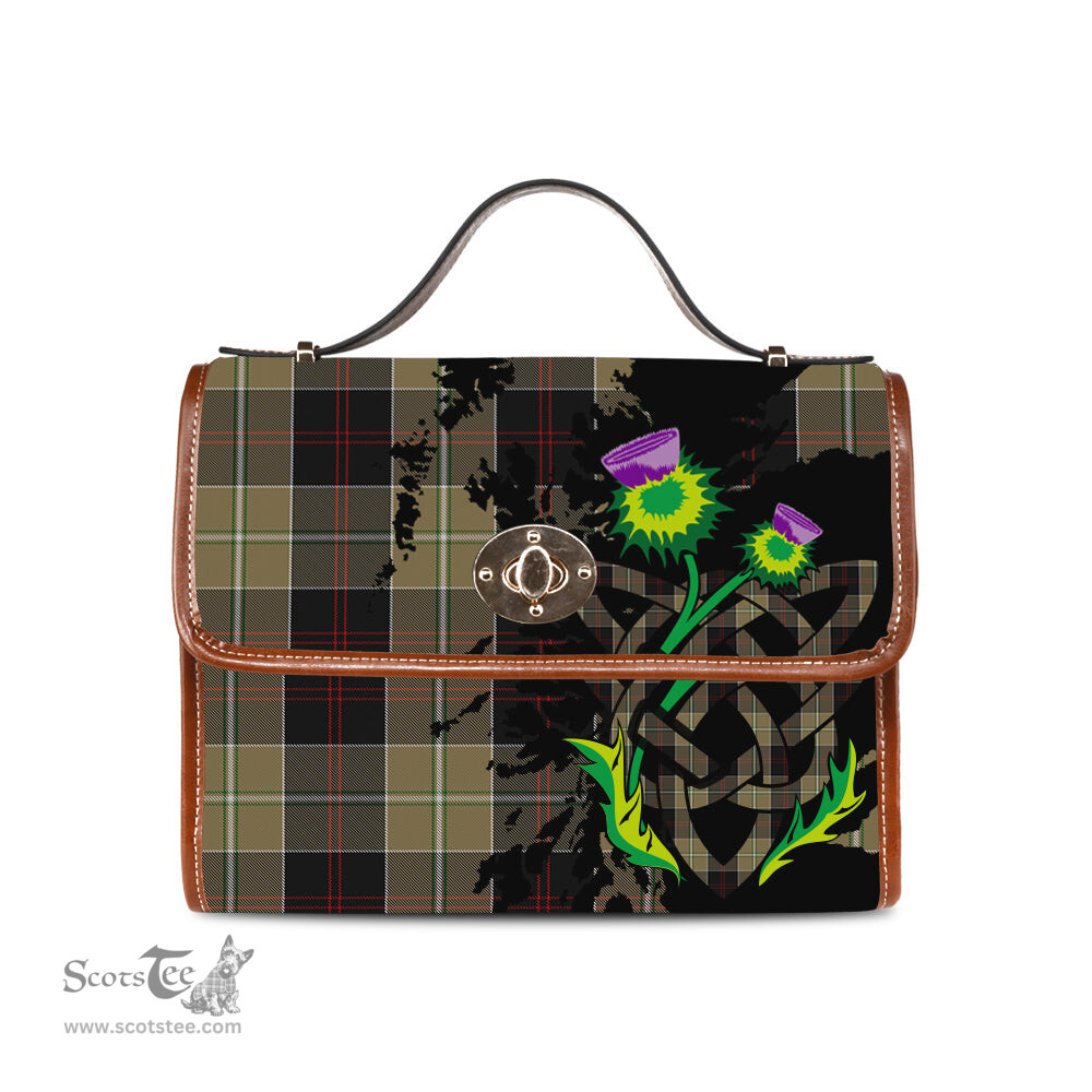 ScotsTee Shop Scottish Dunlop Hunting Clan Tartan Canvas Bag Celtic Knot and Thistle with Scotland Map Bag