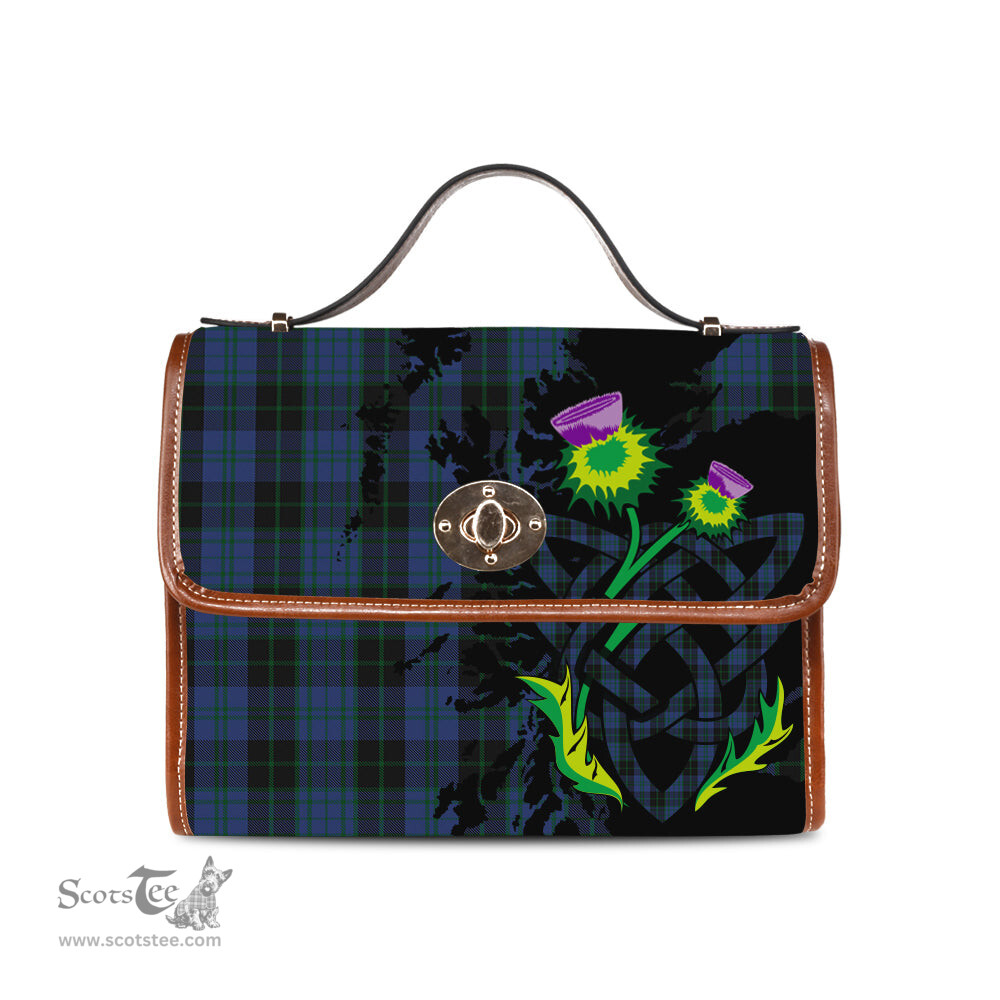 ScotsTee Shop Scottish Clergy Blue Clan Tartan Canvas Bag Celtic Knot and Thistle with Scotland Map Bag