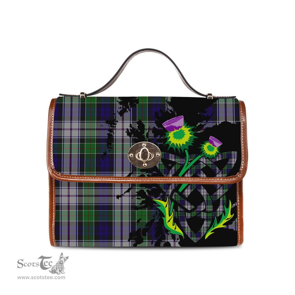 ScotsTee Shop Scottish Colquhoun Dress Clan Tartan Canvas Bag Celtic Knot and Thistle with Scotland Map Bag