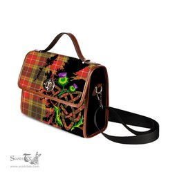 ScotsTee Shop Scottish Buchanan Old Set Weathered Clan Tartan Canvas Bag Celtic Knot and Thistle with Scotland Map Bag