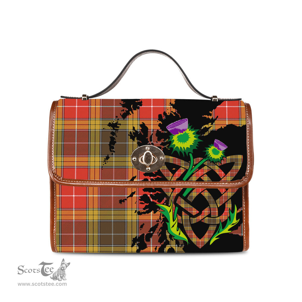 ScotsTee Shop Scottish Buchanan Old Set Weathered Clan Tartan Canvas Bag Celtic Knot and Thistle with Scotland Map Bag
