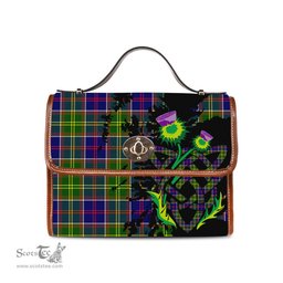ScotsTee Shop Scottish Dalrymple Clan Tartan Canvas Bag Celtic Knot and Thistle with Scotland Map Bag