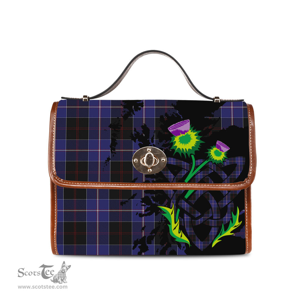 ScotsTee Shop Scottish Dunlop Clan Tartan Canvas Bag Celtic Knot and Thistle with Scotland Map Bag