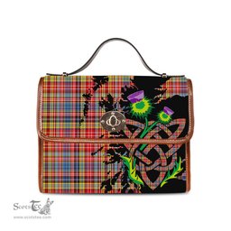 ScotsTee Shop Scottish Drummond of Strathallan Modern Clan Tartan Canvas Bag Celtic Knot and Thistle with Scotland Map Bag