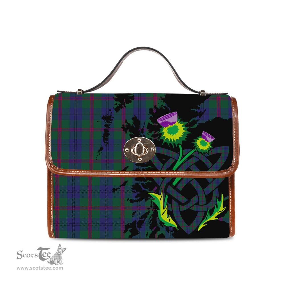 ScotsTee Shop Scottish Laurie Clan Tartan Canvas Bag Celtic Knot and Thistle with Scotland Map Bag
